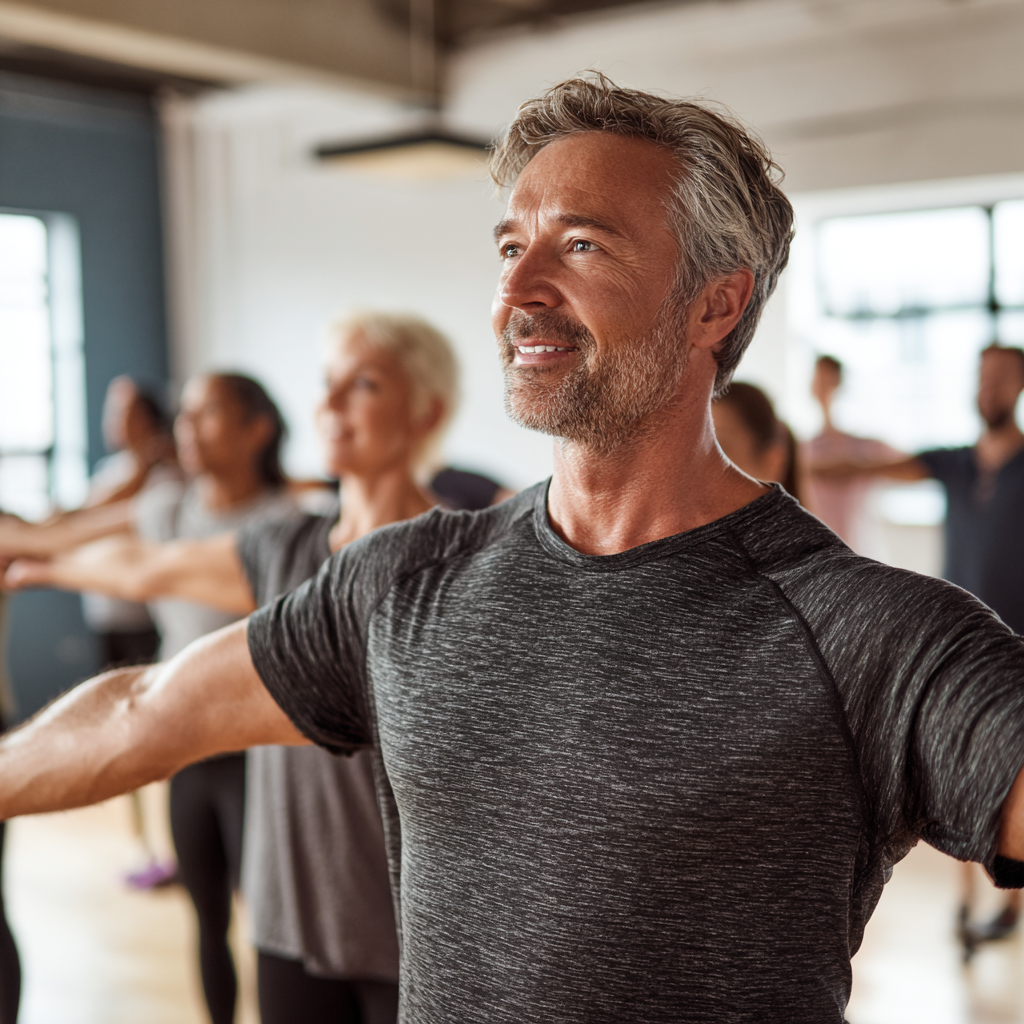Mature fitness instructor in his 40s demonstrating proper exercise form to a group of middle-aged adults in a bright, welcoming fitness studio with natural lighting
