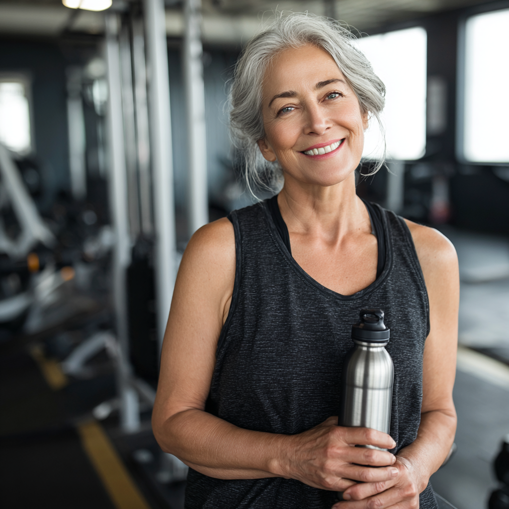 Professional mature woman in her 50s wearing athletic clothing, smiling confidently while holding a water bottle in a modern gym setting with exercise equipment in the background